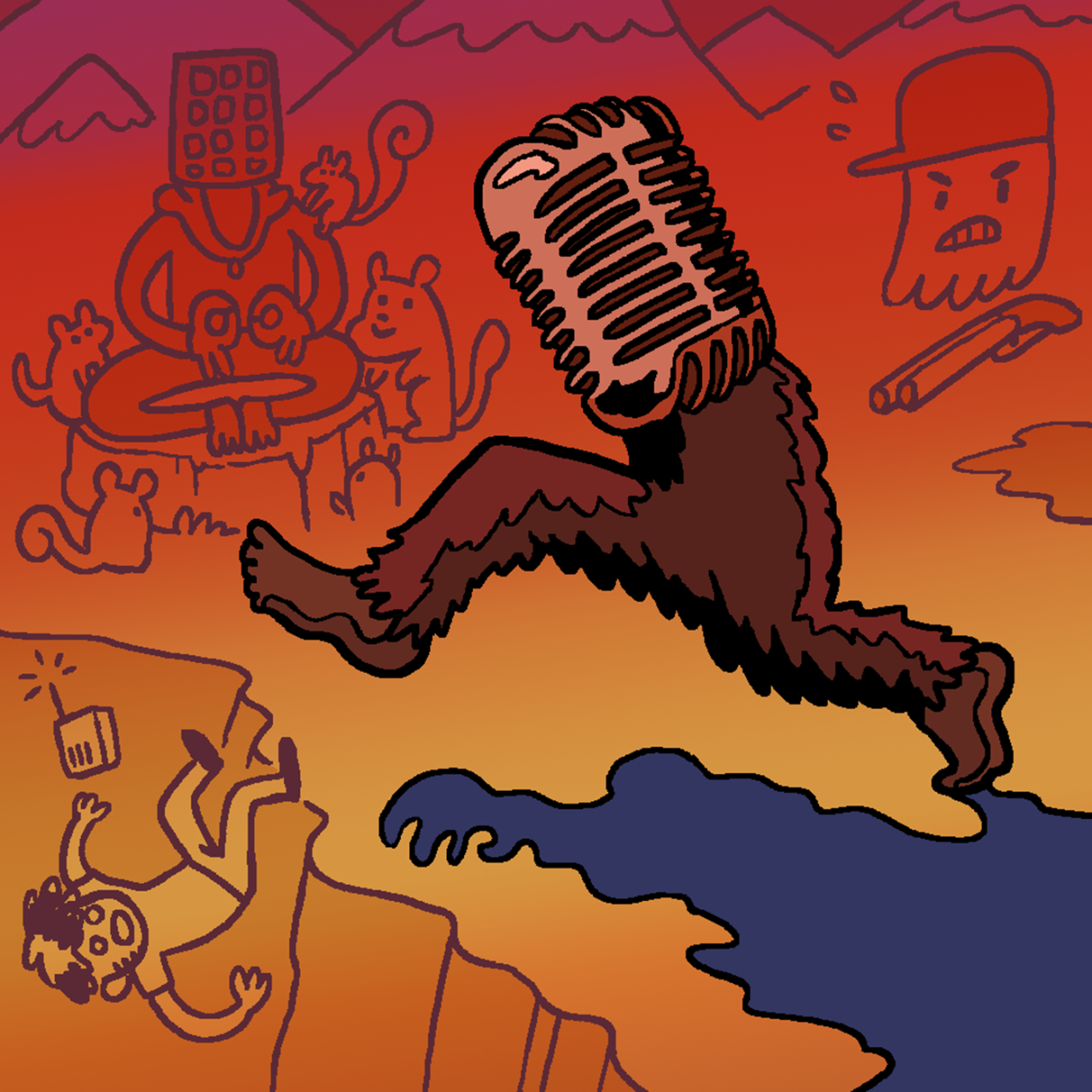 Eine selbst gezeichnete Version des Original-Covers von Folge 16 "Das Bergmonster". Ein haariges Monster mit braunem Fell stößt Jeff von einer Klippe. Tim will es mit einer Schrotflinte aufhalten, während Marcus mit Eichhörnchen meditiert.