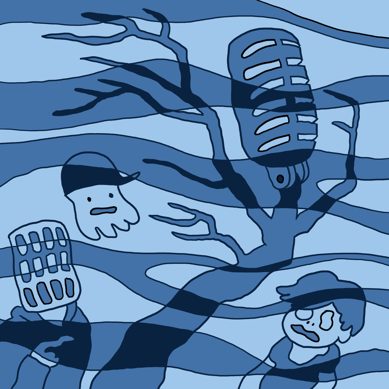 Eine selbst gezeichnete Version des Original-Covers von Folge 2 "Der Phantomsee". Marcus, Tim und Jeff sind als Schemen in einem blauen Nebel zu erkennen.