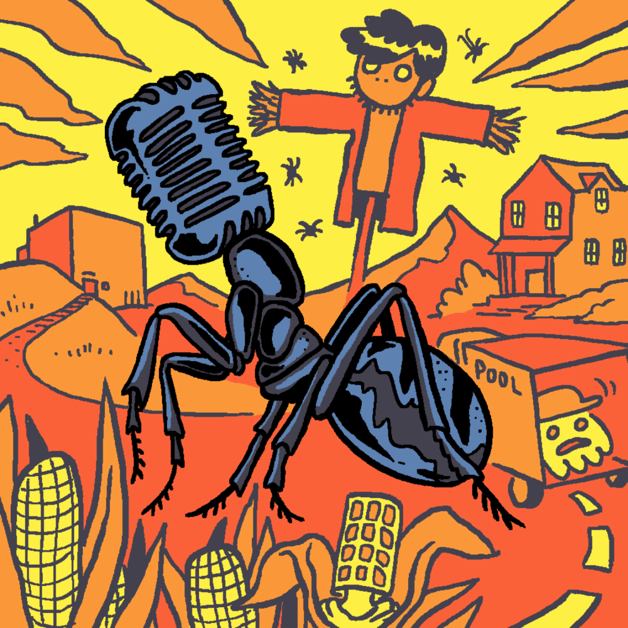Eine selbst gezeichnete Version des Original-Covers von Folge 32 "Der Ameisenmensch". Eine große schwarze Ameise macht eine Farm unsicher. Marcus versteckt sich in einem Maiskolben, Tim wird von einem LKW abtransportiert und Jeff bildet eine Vogelscheuche.