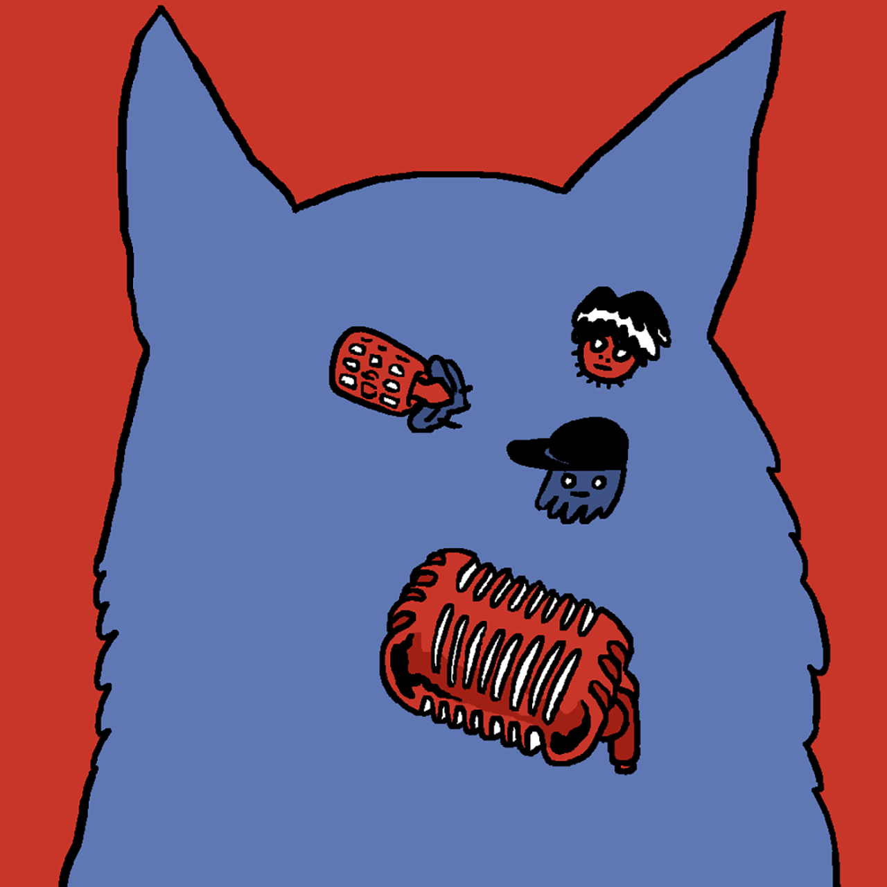 Eine selbst gezeichnete Version des Original-Covers von Folge 3 "Der Karpatenhund". Marcus, Tim und Jeff bilden das Gesicht eines blauen Hundes vor einem roten Hintergrund.