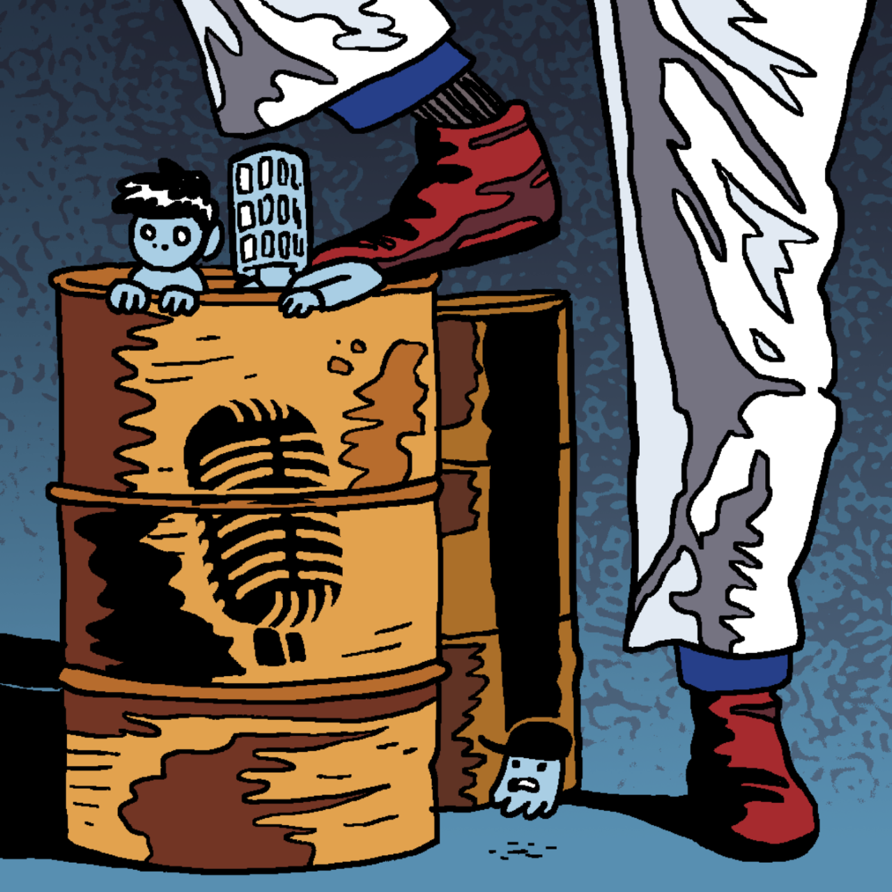 Eine selbst gezeichnete Version des Original-Covers von Folge 48 "Die gefährlichen Fässer". Marcus, Tim und Jeff sitzen als kleine Figuren in einem alten Ölfass, auf dem das abgestützte Bein einer Person in weißer Hose steht.