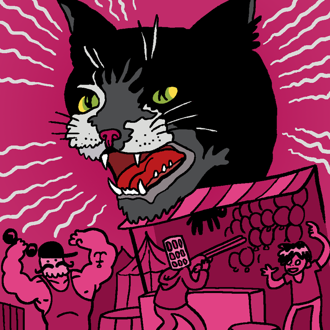 Eine selbst gezeichnete Version des Original-Covers von Folge 4 "Die schwarze Katze". Marcus, Tim und Jeff vergnügen sich an Jahrmarkt-Ständen, über denen der riesige Kopf einer schwarzen Katze thront.