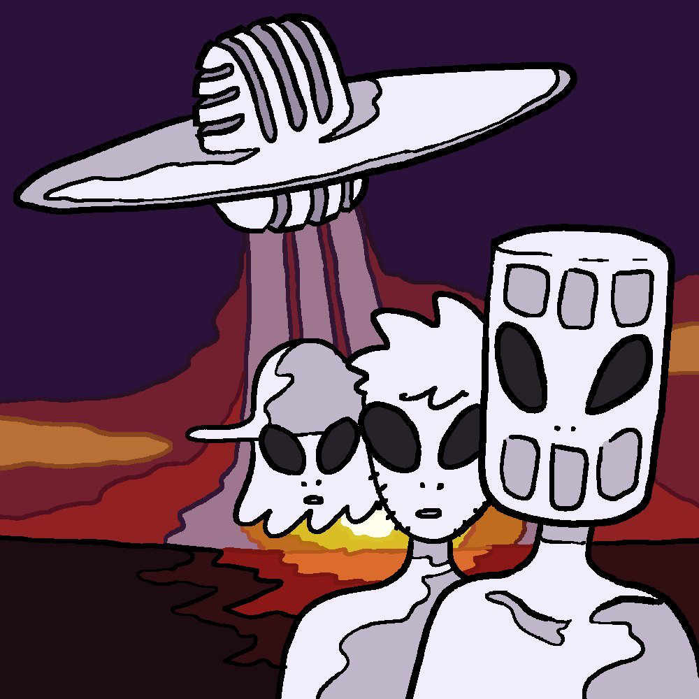 Eine selbst gezeichnete Version des Original-Covers von Folge 80 "Geheimakte Ufo". Marcus, Tim und Jeff stehen in Form von Außerirdischen vor einem dunklen Hintergrund, über dem ein Ufo schwebt.
