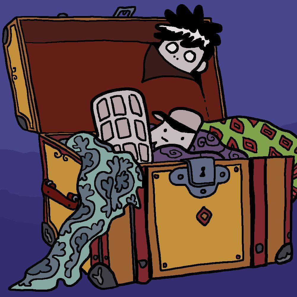 Eine selbst gezeichnete Version des Original-Covers von Folge 6 "Der sprechende Totenkopf". Marcus, Tim und Jeff liegen in einer alten Truhe voller bunter Tücher.