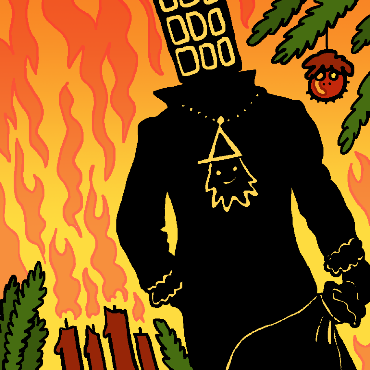 Eine selbst gezeichnete Version des Original-Covers von Folge 96 "Der rote Rächer". Marcus ist eine dunkle Gestalt mit einem Anhänger, der wie Tim aussieht. Im Hintergrund brennt ein Adventskranz und Jeffs Gesicht ist auf einer Christbaumkugel zu sehen.