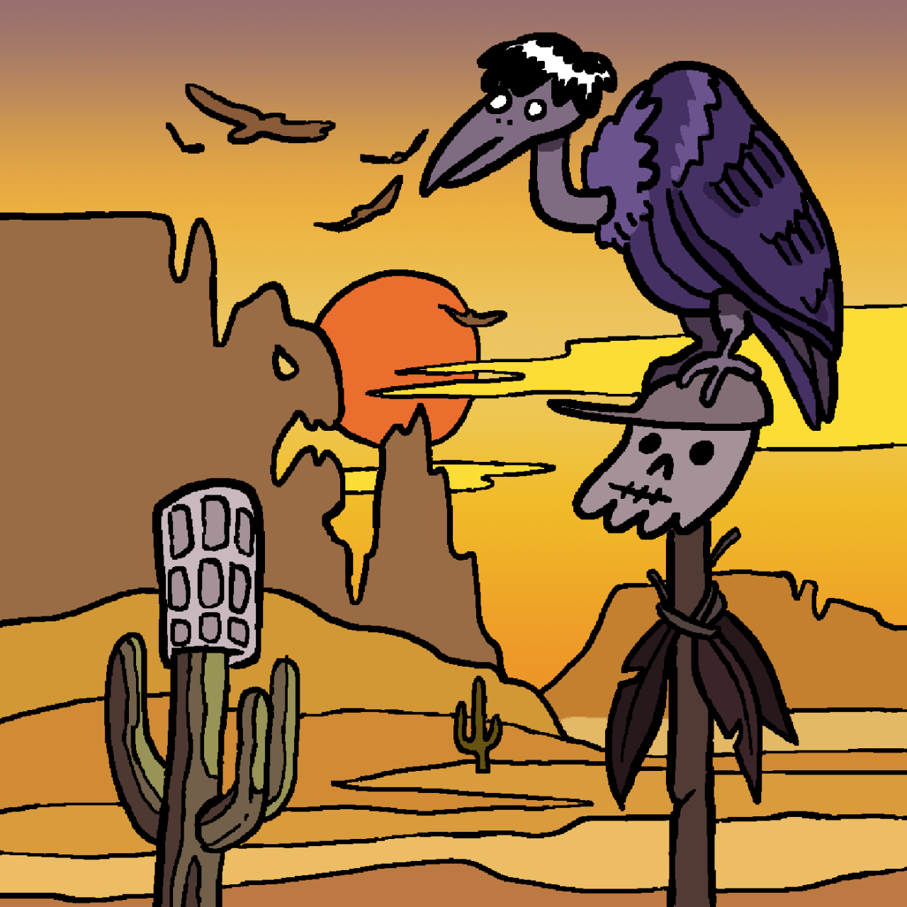 Eine selbst gezeichnete Version des Original-Covers von Folge 112 "Schlucht der Dämonen". Jeff sitzt als Geier auf einem Totenschädel von Tim. Daneben ist Marcus Kopf auf einem Kaktus zu sehen, während im Hintergrund die Sonne untergeht.