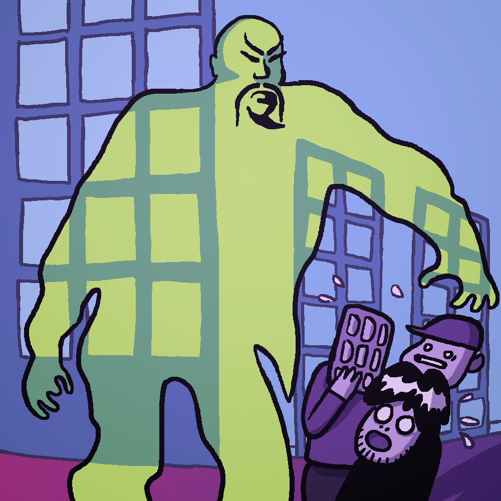 Eine selbst gezeichnete Version des Original-Covers von Folge 8 "Der grüne Geist". Marcus, Tim und Jeff fürchten sich vor einem grünen, halb-transparenten Geist.