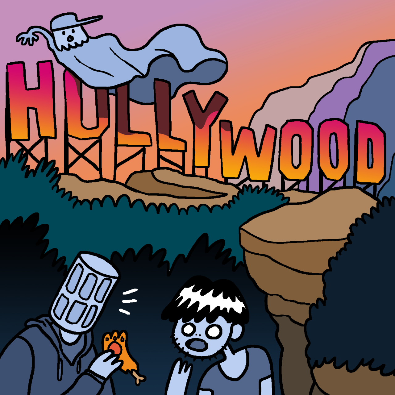 Eine selbst gezeichnete Version des Original-Covers von Folge 128 "Schatten über Hollywood". Auf dem Hollywood-Schriftzug steht Tim als Geist, während Marcus Jeff im Vordergrund eine Tierpfote zeigt.