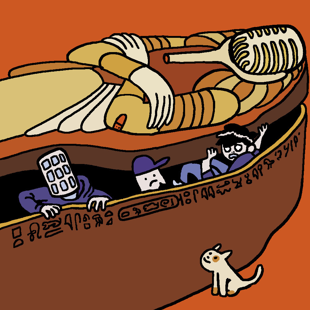 Eine selbst gezeichnete Version des Original-Covers von Folge 10 "Die flüsternde Mumie". Man sieht einen ägyptischen Sarkophag, aus dem Marcus, Tim und Jeff hervorschauen.